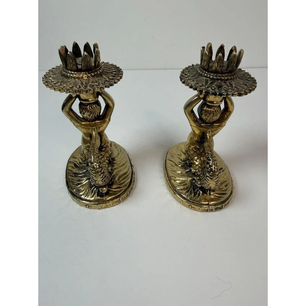 Candle Stick Holders Cherub Mermaid? Vintage‎ Gold Brass Tone Hollywood Regency